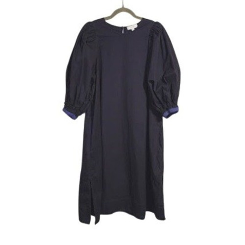 COS Navy Poplin Shift Dress 10 Puff Sleeve Contrast Cuff Midi Minimalist A Line